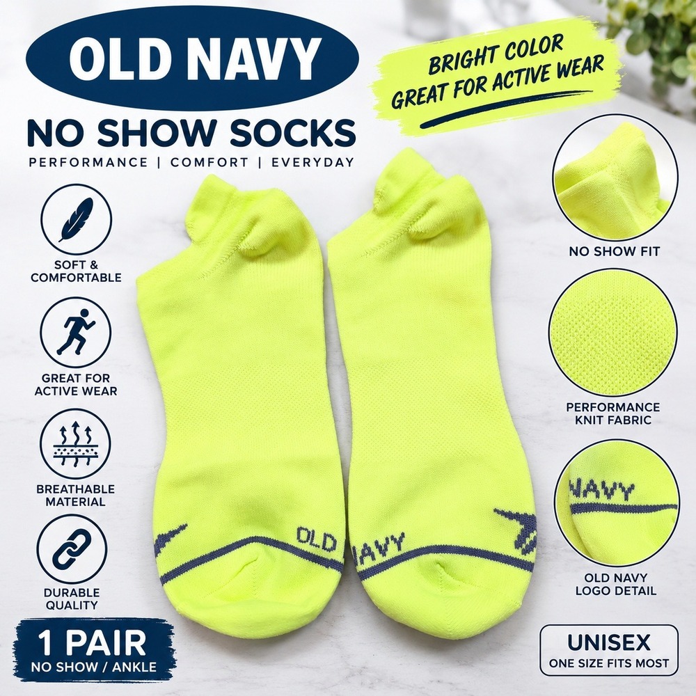 Old Navy Active No Show Socks Neon Yellow Performance Knit Unisex One Size Pair